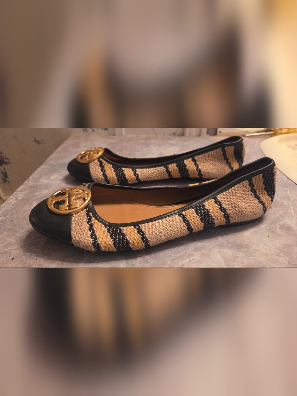 Tory Burch Black & Tan Striped Canvas Ballet Flats with Logo Medallion - Picture 4 of 6